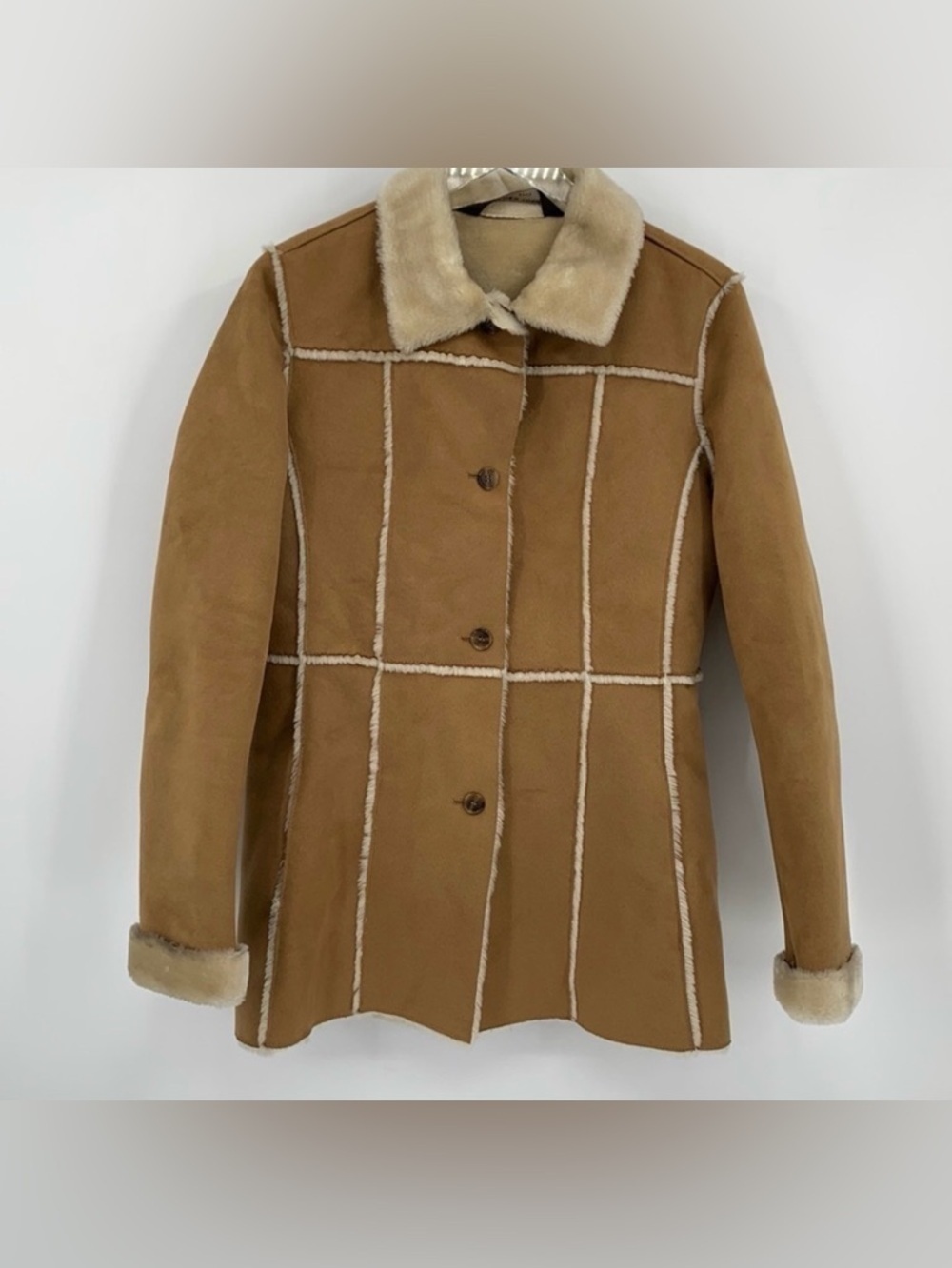 Andrew Marc New York faux suede shearling winter coat jacket fur tan women M